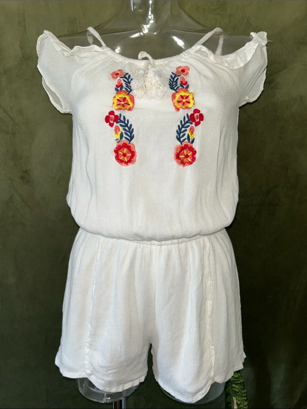 Dollhouse White Off-Shoulder Embroidered Romper
